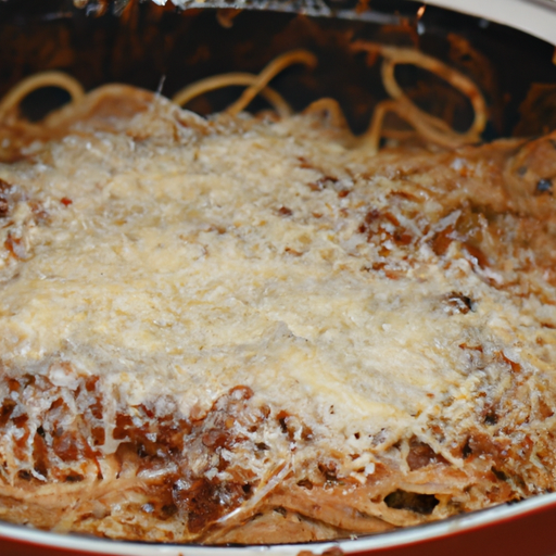 A steaming plate of Dutch Oven Spaghetti with a sprinkle of Parmesan cheese on top.